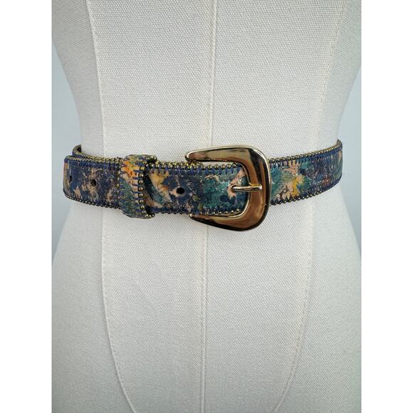 Vintage belt women\'s S/M watercolor abstract print beaded leather blue gold boho main image 6